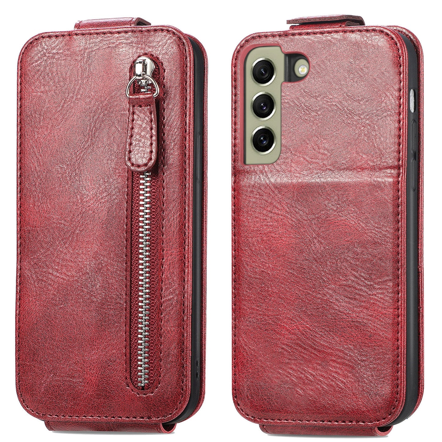 Samsung Galaxy S21 FE 5G Zipper Wallet Case - Vertical Flip Leather Phone Cover with Multiple Card Slots and Stand