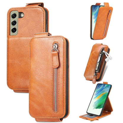 Samsung Galaxy S21 FE 5G Zipper Wallet Case - Vertical Flip Leather Phone Cover with Multiple Card Slots and Stand