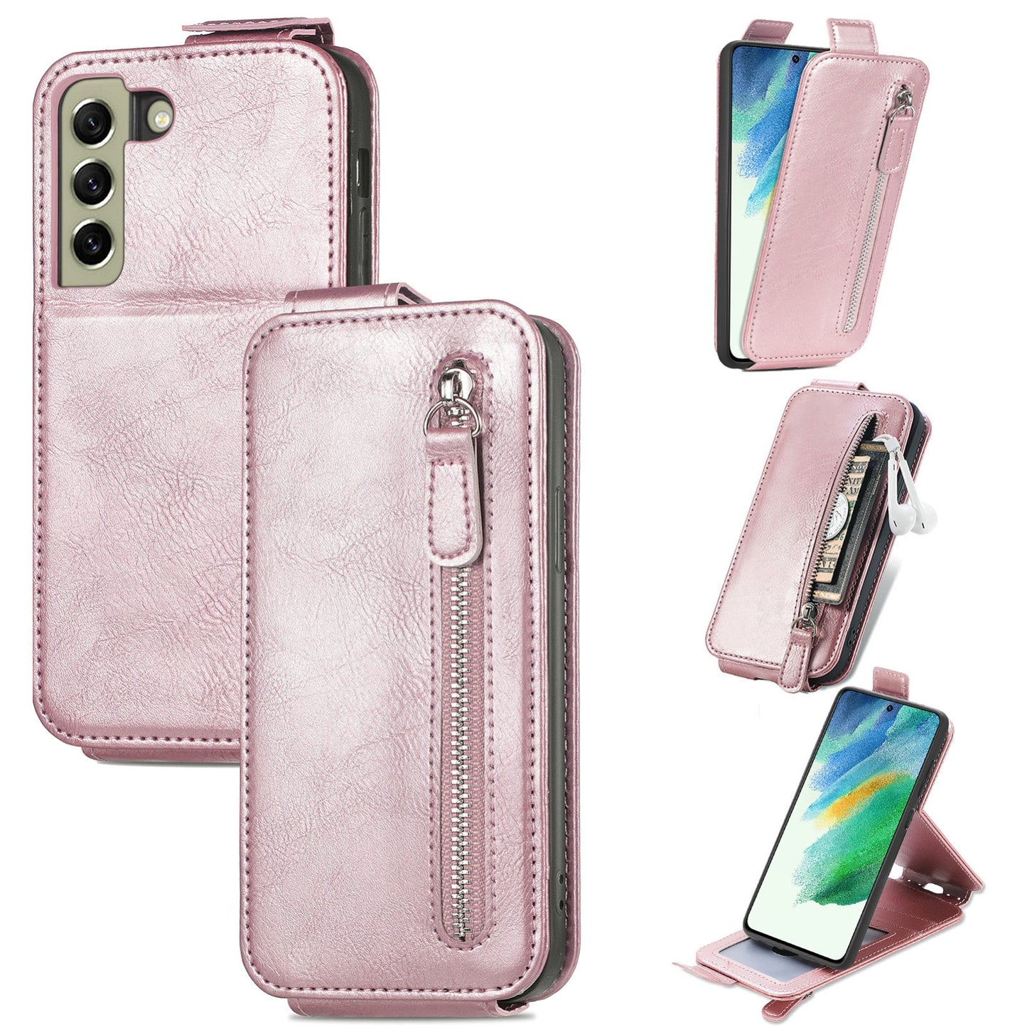 Samsung Galaxy S21 FE 5G Zipper Wallet Case - Vertical Flip Leather Phone Cover with Multiple Card Slots and Stand