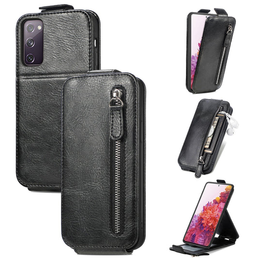 Samsung Galaxy S20 FE 5G Zipper Wallet Case - Vertical Flip Leather Phone Cover with Multiple Card Slots and Stand