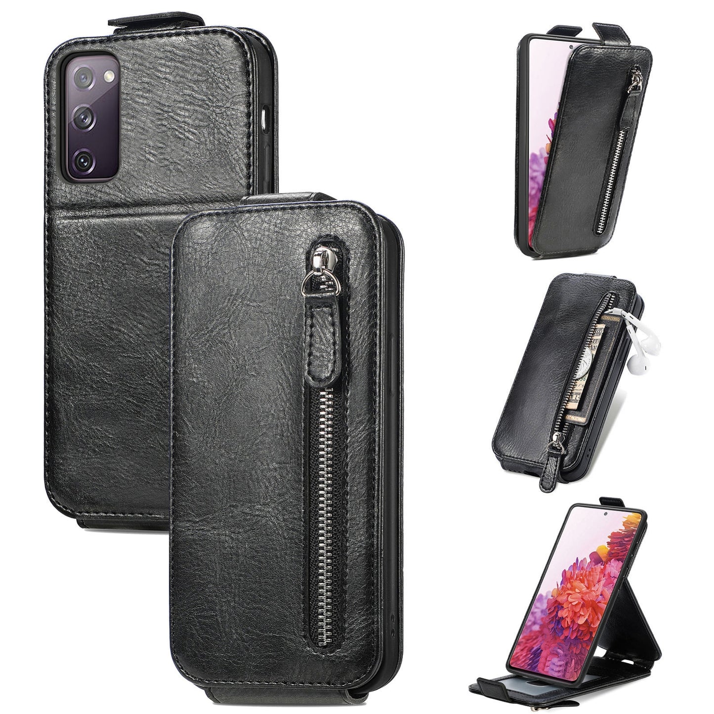 Samsung Galaxy S20 Lite 4G Zipper Wallet Case - Vertical Flip Leather Phone Cover with Multiple Card Slots and Stand