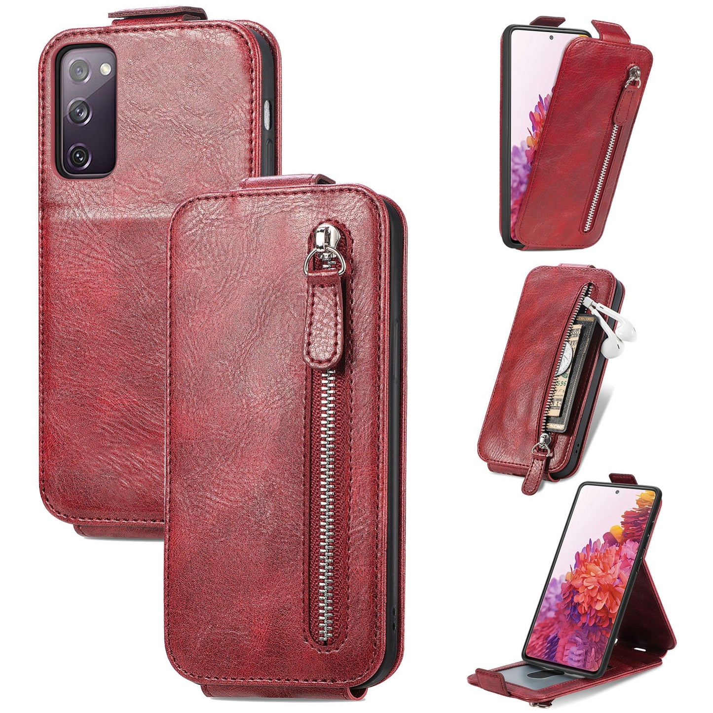 Samsung Galaxy S20 FE 5G Zipper Wallet Case - Vertical Flip Leather Phone Cover with Multiple Card Slots and Stand