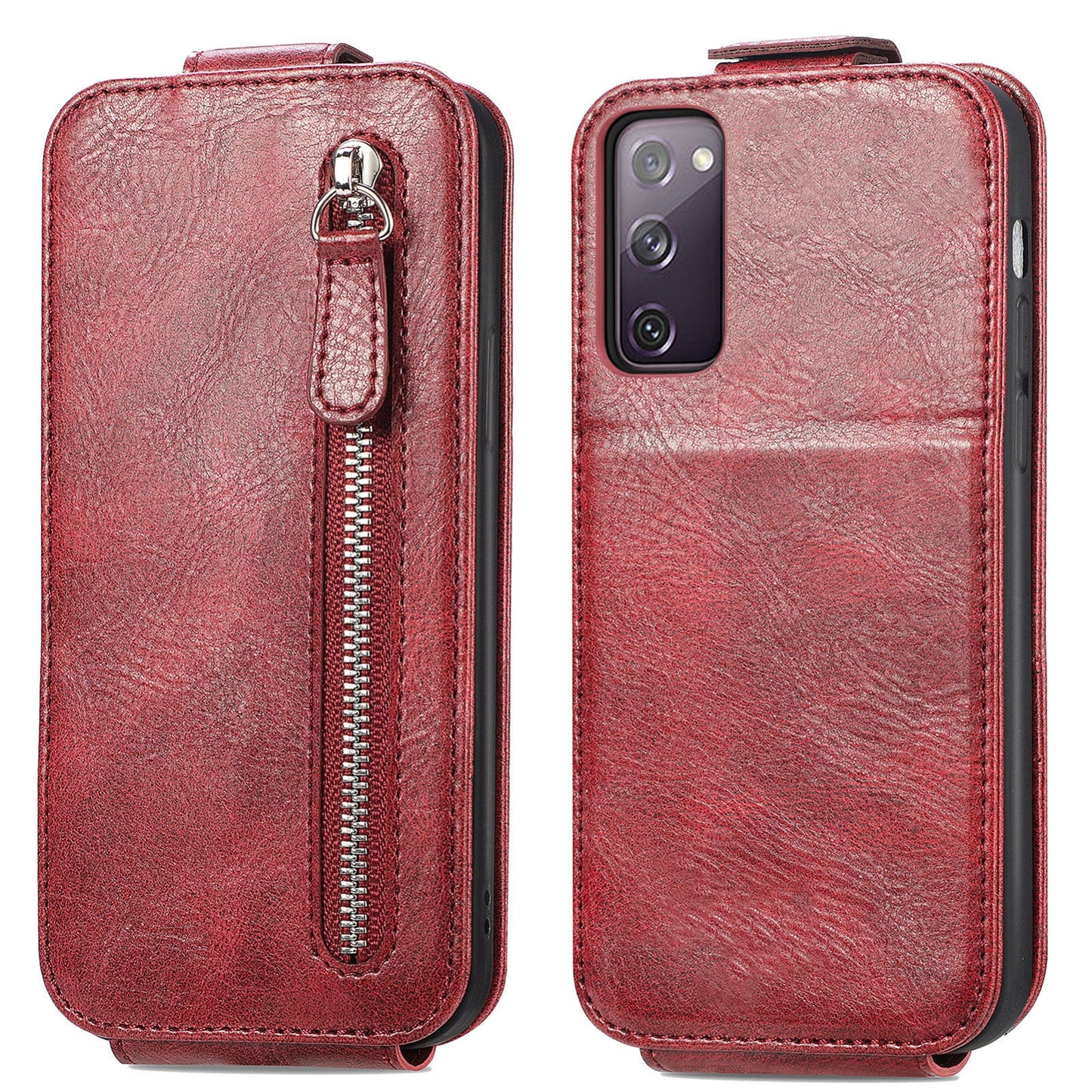 Samsung Galaxy S20 FE 5G Zipper Wallet Case - Vertical Flip Leather Phone Cover with Multiple Card Slots and Stand