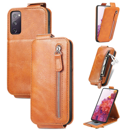 Samsung Galaxy S20 FE 5G Zipper Wallet Case - Vertical Flip Leather Phone Cover with Multiple Card Slots and Stand