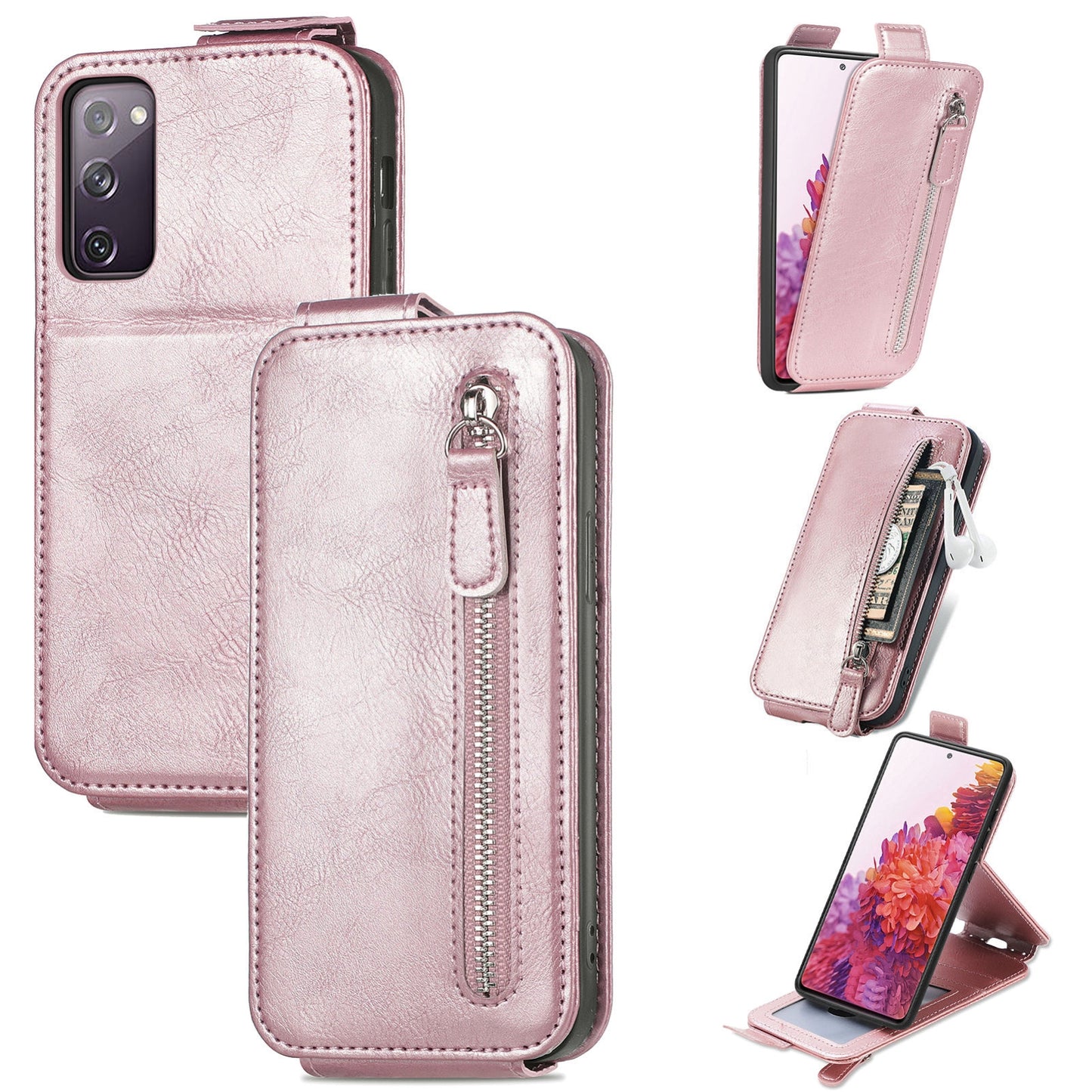 Samsung Galaxy S20 FE 5G Zipper Wallet Case - Vertical Flip Leather Phone Cover with Multiple Card Slots and Stand