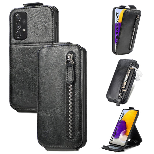 Samsung Galaxy A72 4G Zipper Wallet Case - Vertical Flip Leather Phone Cover with Multiple Card Slots and Stand