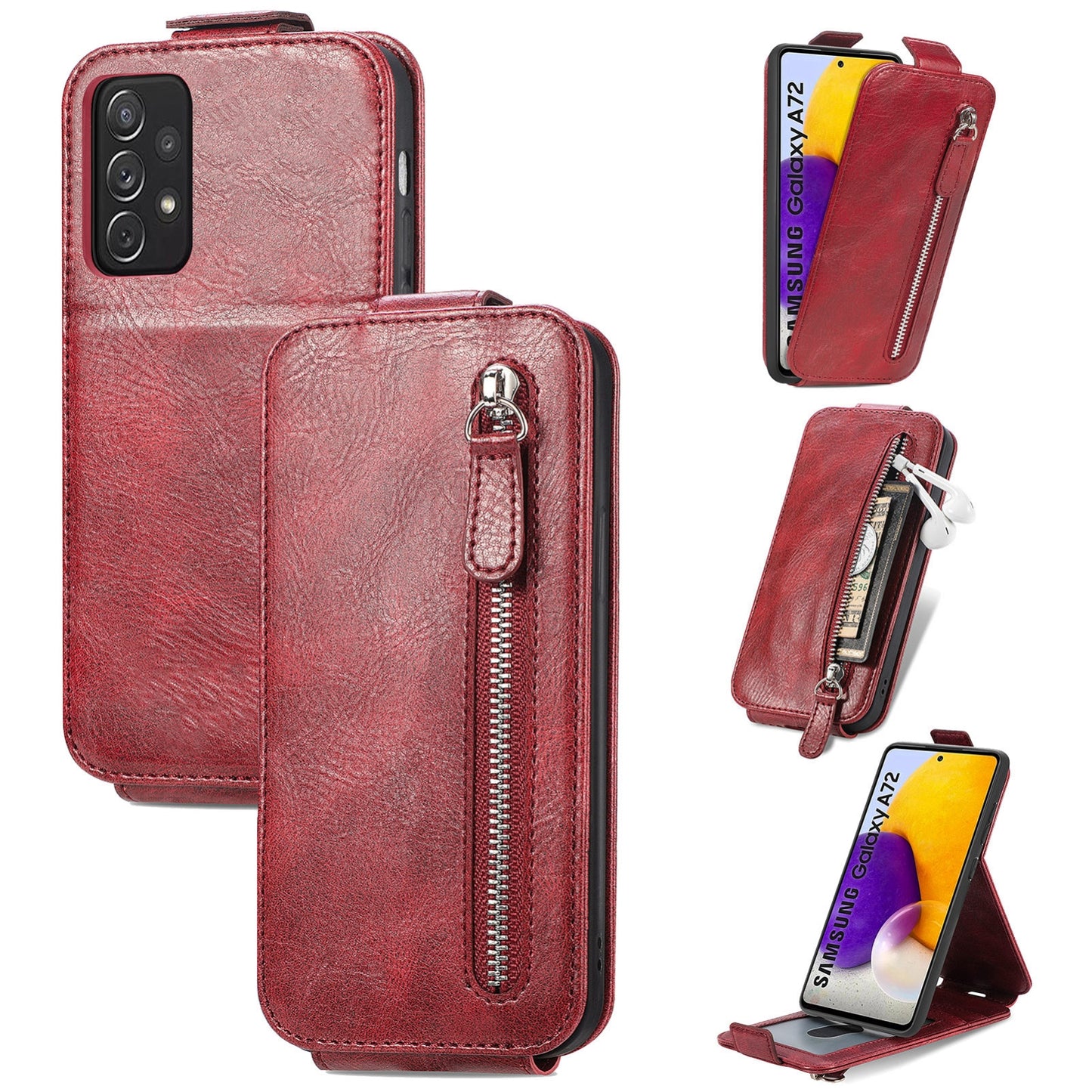 Samsung Galaxy A72 5G Zipper Wallet Case - Vertical Flip Leather Phone Cover with Multiple Card Slots and Stand