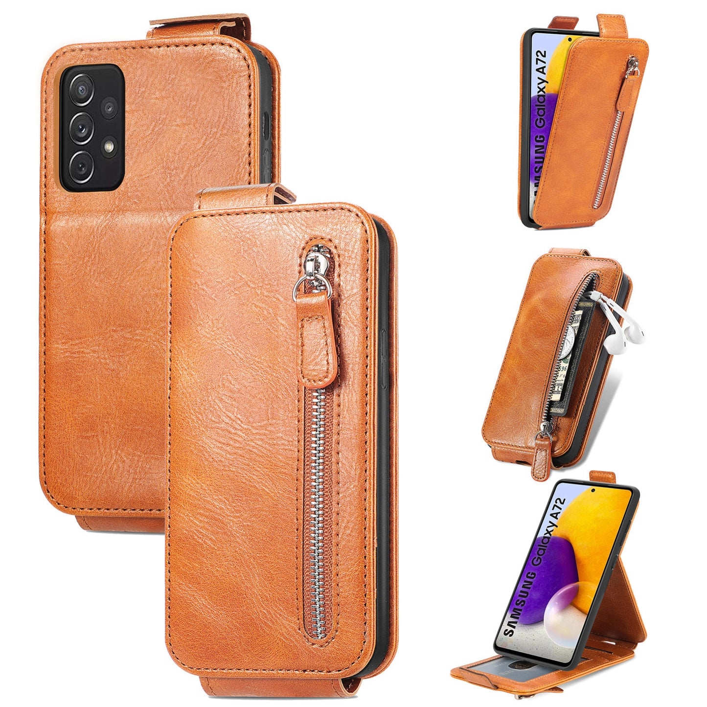 Samsung Galaxy A72 4G Zipper Wallet Case - Vertical Flip Leather Phone Cover with Multiple Card Slots and Stand