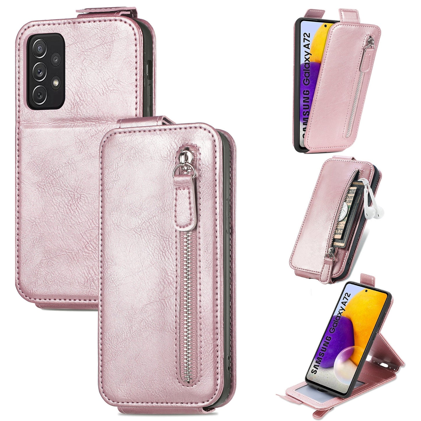 Samsung Galaxy A72 4G Zipper Wallet Case - Vertical Flip Leather Phone Cover with Multiple Card Slots and Stand