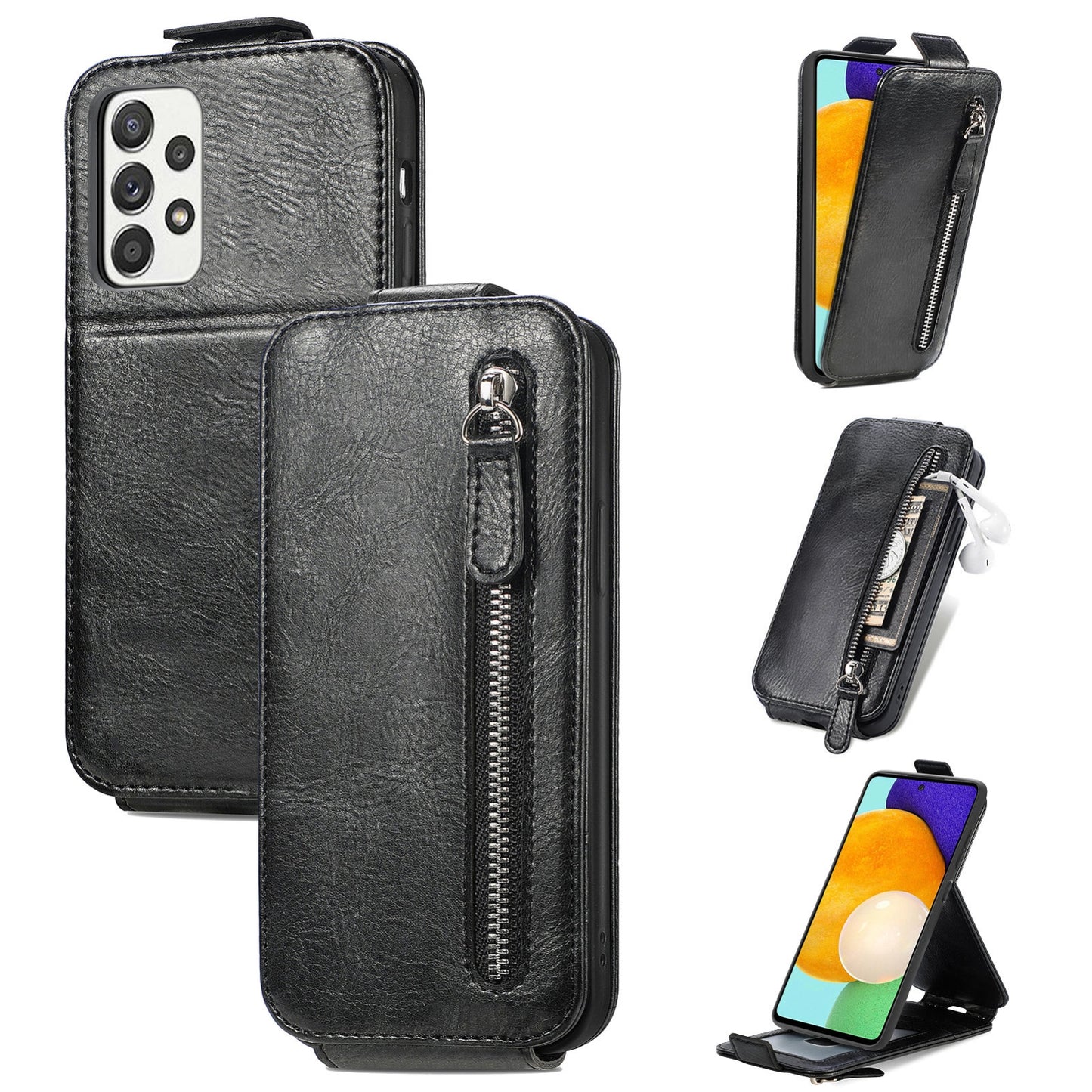 Samsung Galaxy A52 4G Zipper Wallet Case - Vertical Flip Leather Phone Cover with Multiple Card Slots and Stand