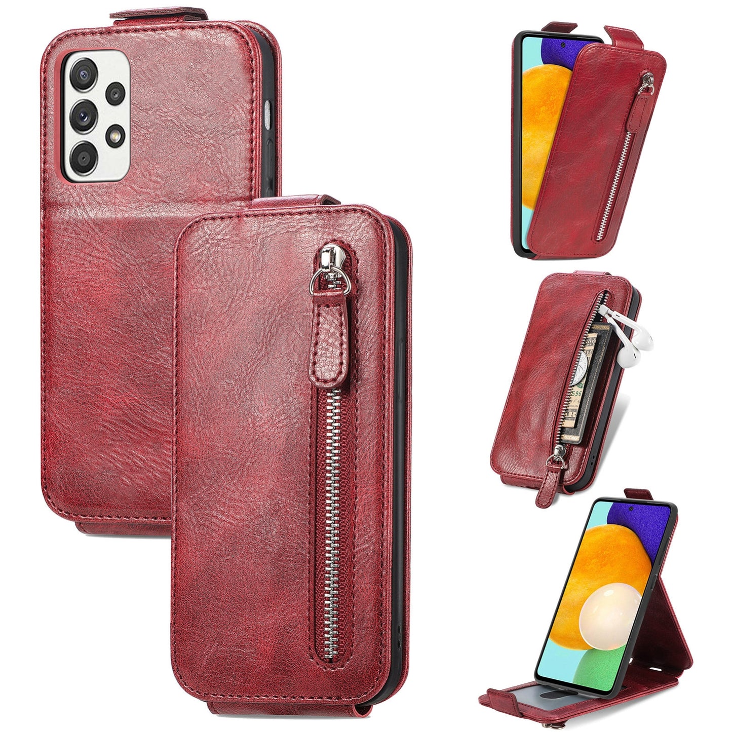 Samsung Galaxy A52 4G Zipper Wallet Case - Vertical Flip Leather Phone Cover with Multiple Card Slots and Stand