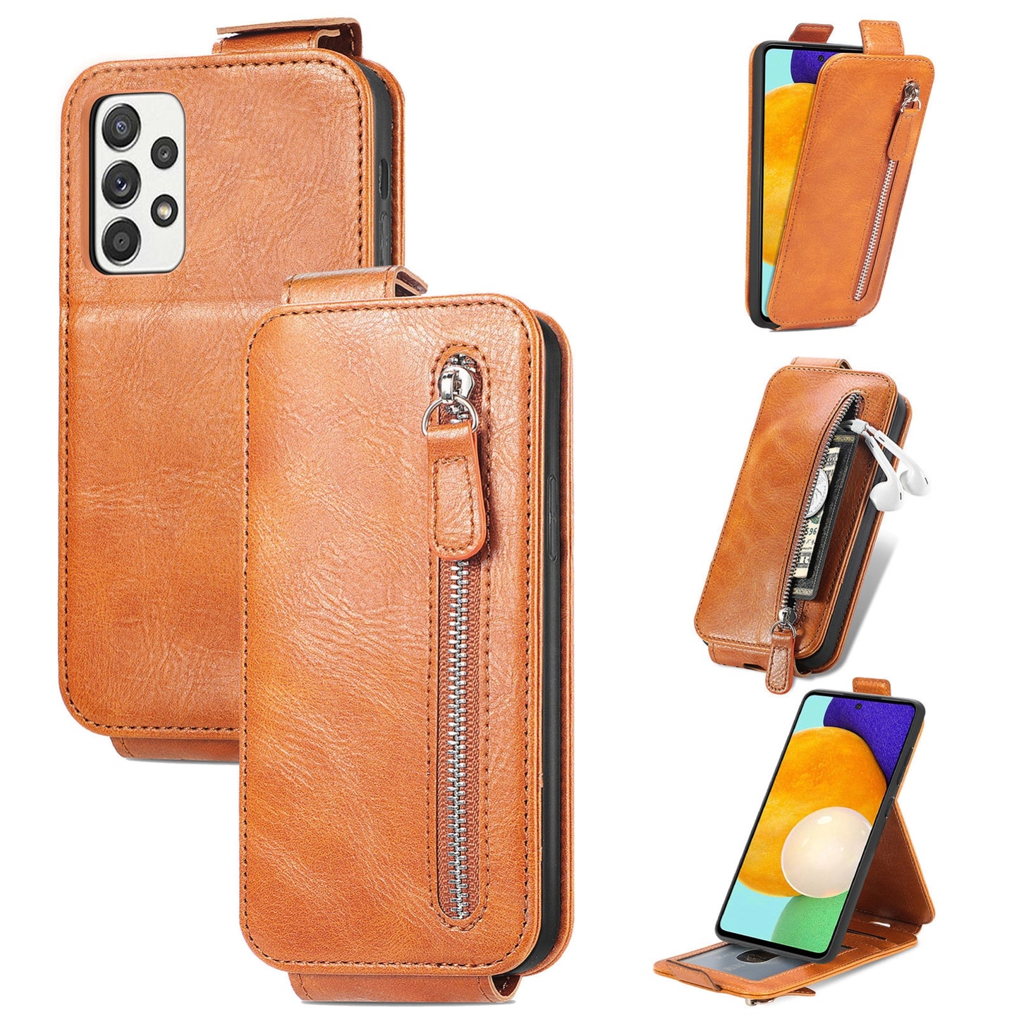 Samsung Galaxy A52 4G Zipper Wallet Case - Vertical Flip Leather Phone Cover with Multiple Card Slots and Stand