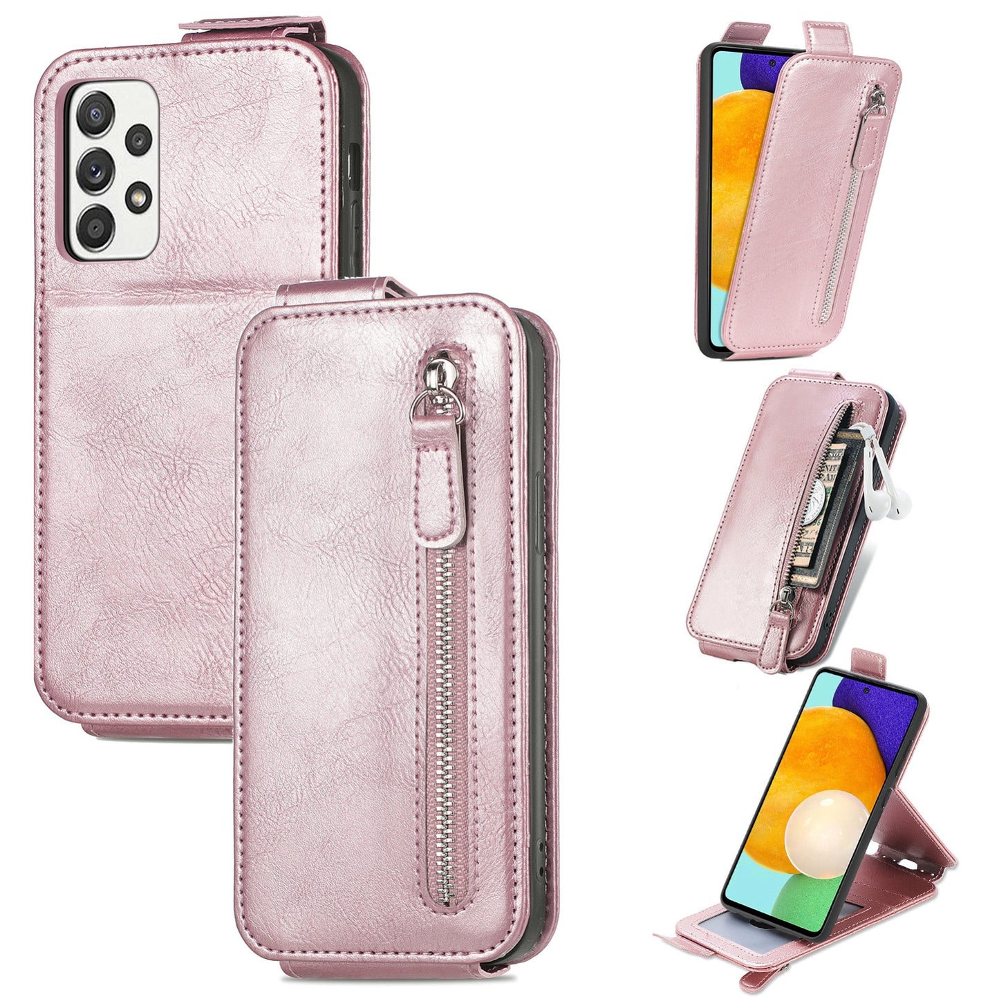 Samsung Galaxy A52 5G Zipper Wallet Case - Vertical Flip Leather Phone Cover with Multiple Card Slots and Stand