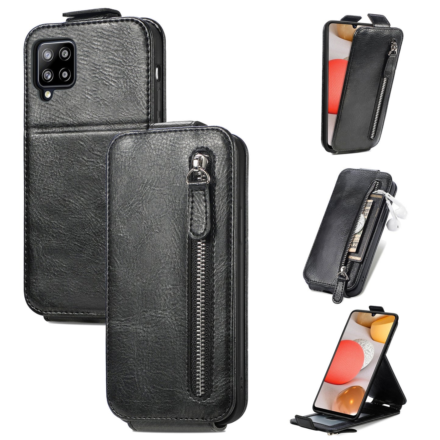 Samsung Galaxy A42 5G Zipper Wallet Case - Vertical Flip Leather Phone Cover with Multiple Card Slots and Stand