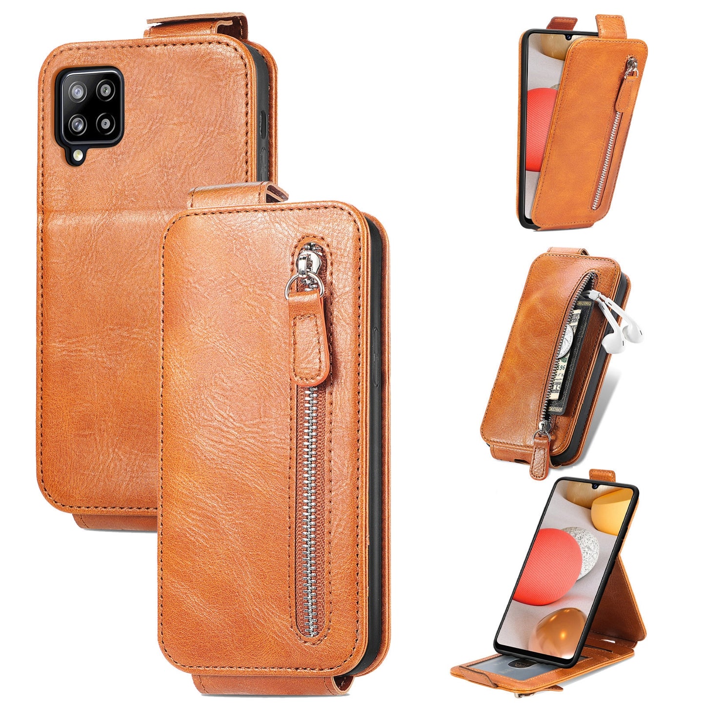 Samsung Galaxy A42 5G Zipper Wallet Case - Vertical Flip Leather Phone Cover with Multiple Card Slots and Stand