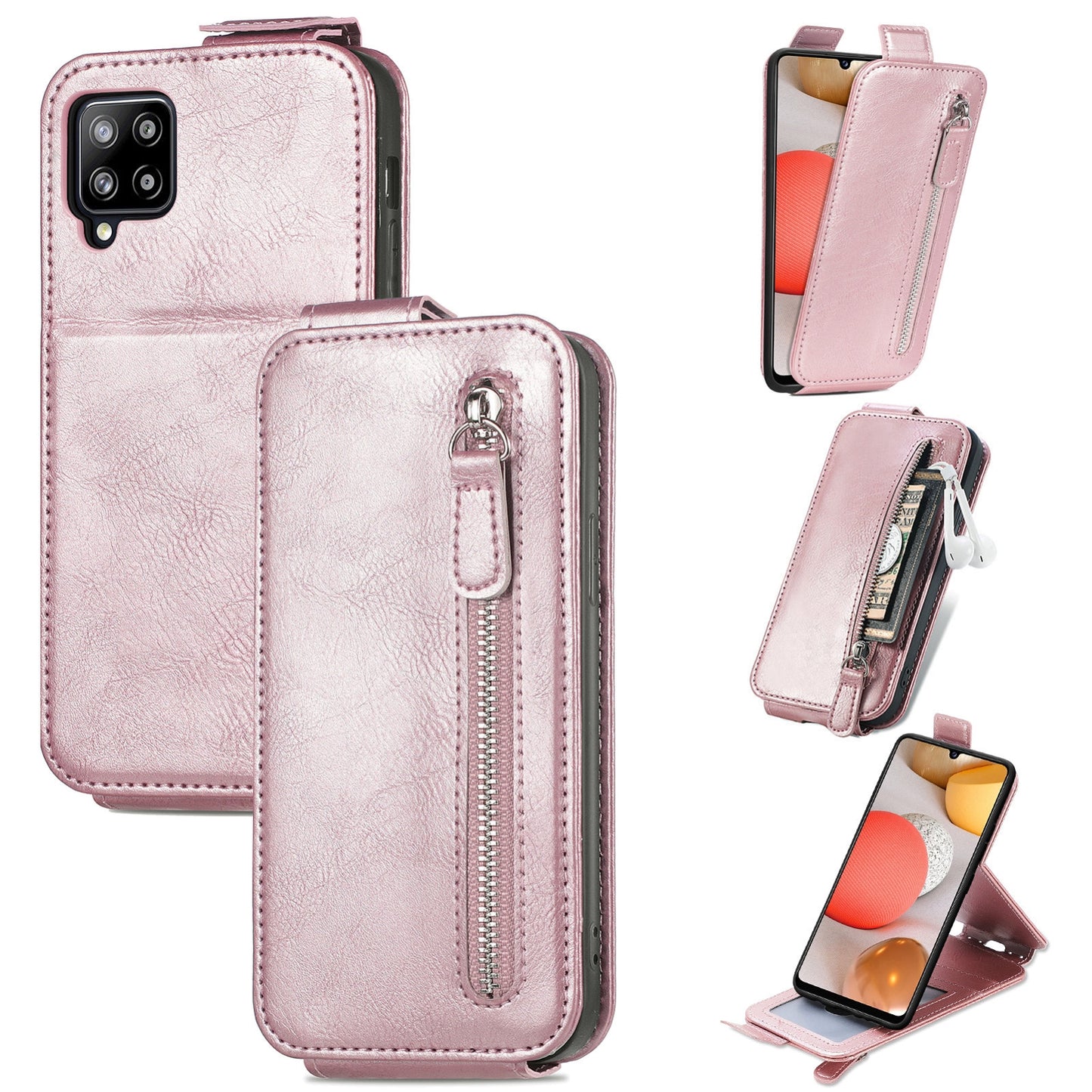 Samsung Galaxy A42 5G Zipper Wallet Case - Vertical Flip Leather Phone Cover with Multiple Card Slots and Stand