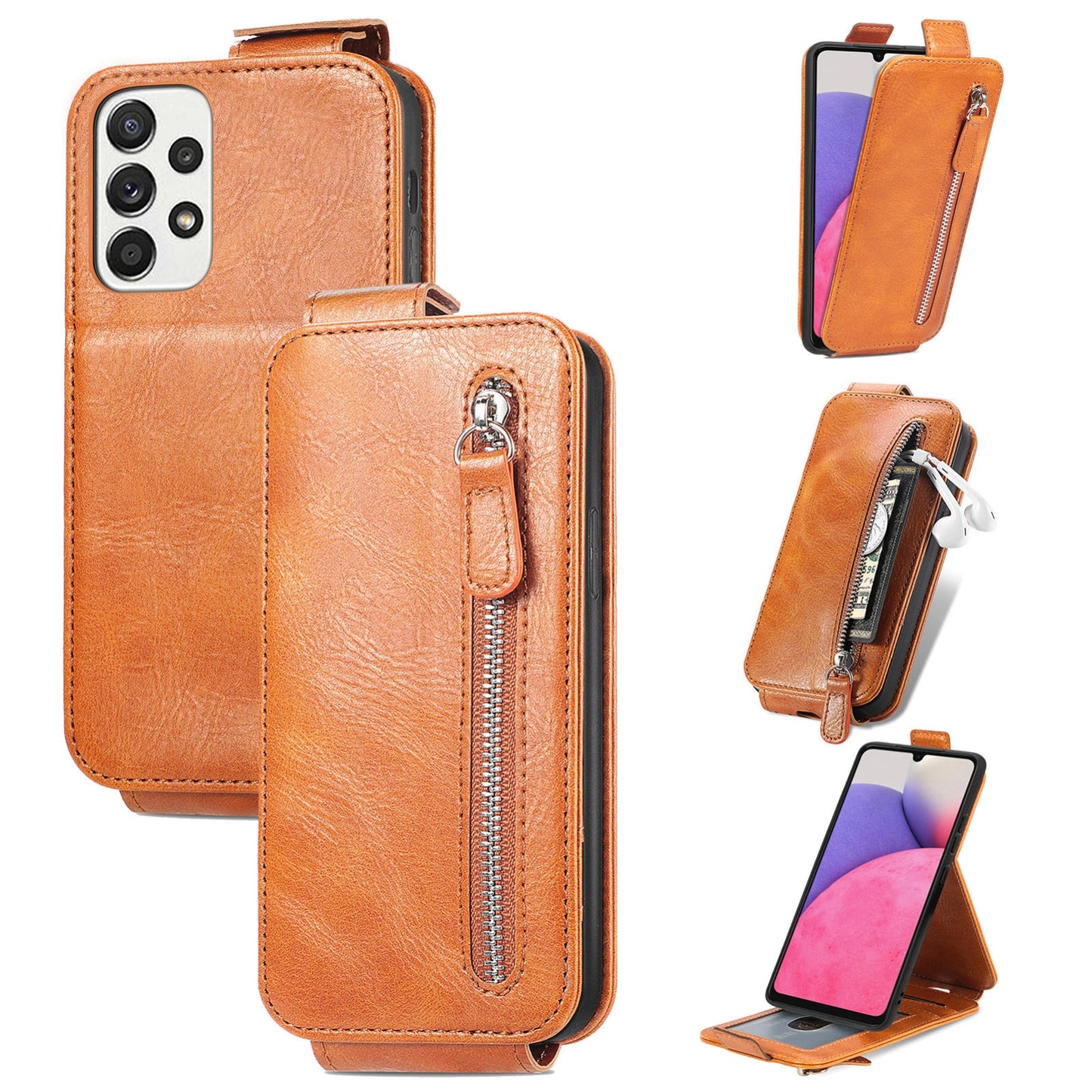 Samsung Galaxy A33 5G Zipper Wallet Case - Vertical Flip Leather Phone Cover with Multiple Card Slots and Stand