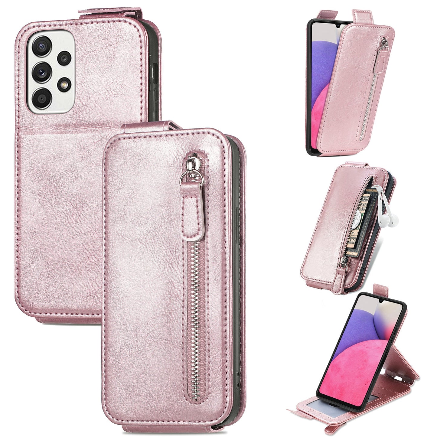 Samsung Galaxy A33 5G Zipper Wallet Case - Vertical Flip Leather Phone Cover with Multiple Card Slots and Stand