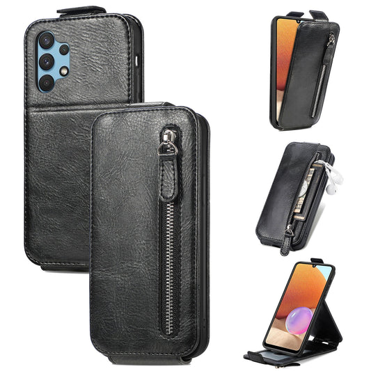 Samsung Galaxy A32 4G Zipper Wallet Case - Vertical Flip Leather Phone Cover with Multiple Card Slots and Stand