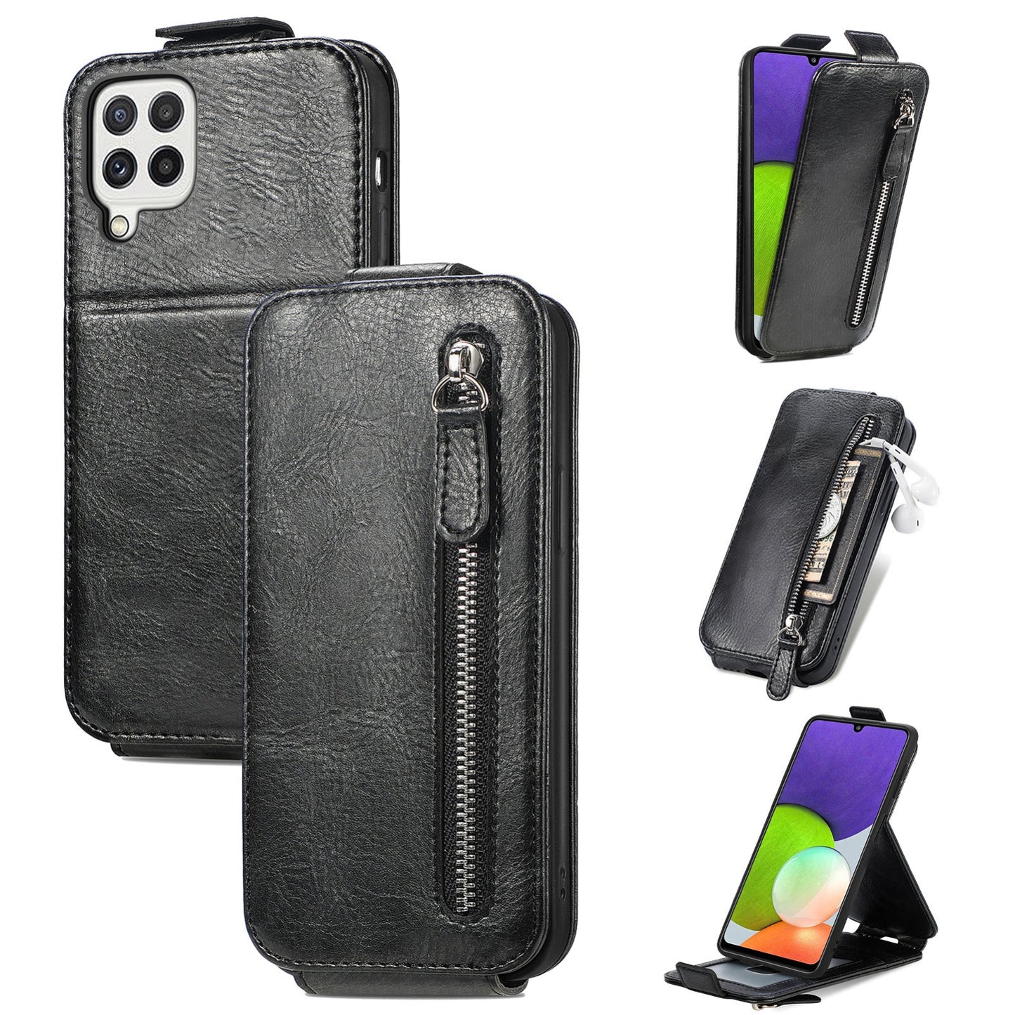 Samsung Galaxy A22 4G Zipper Wallet Case - Vertical Flip Leather Phone Cover with Multiple Card Slots and Stand