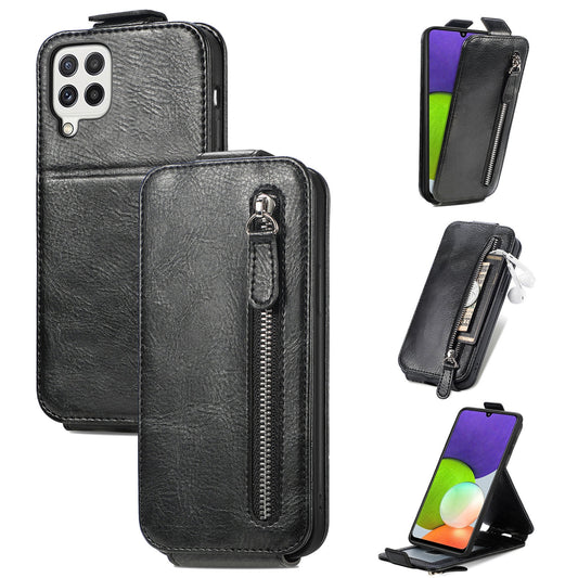 Samsung Galaxy A22 4G Zipper Wallet Case - Vertical Flip Leather Phone Cover with Multiple Card Slots and Stand
