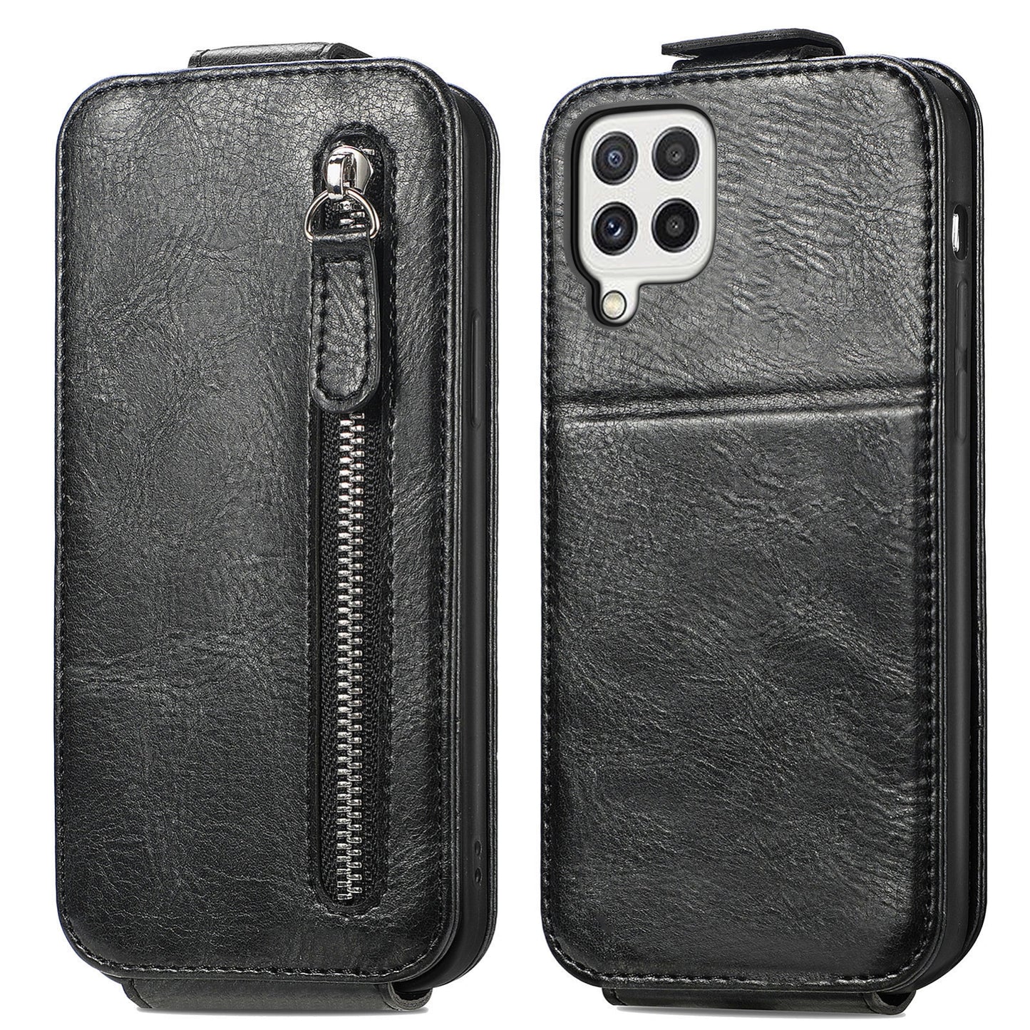 Samsung Galaxy A22 4G Zipper Wallet Case - Vertical Flip Leather Phone Cover with Multiple Card Slots and Stand