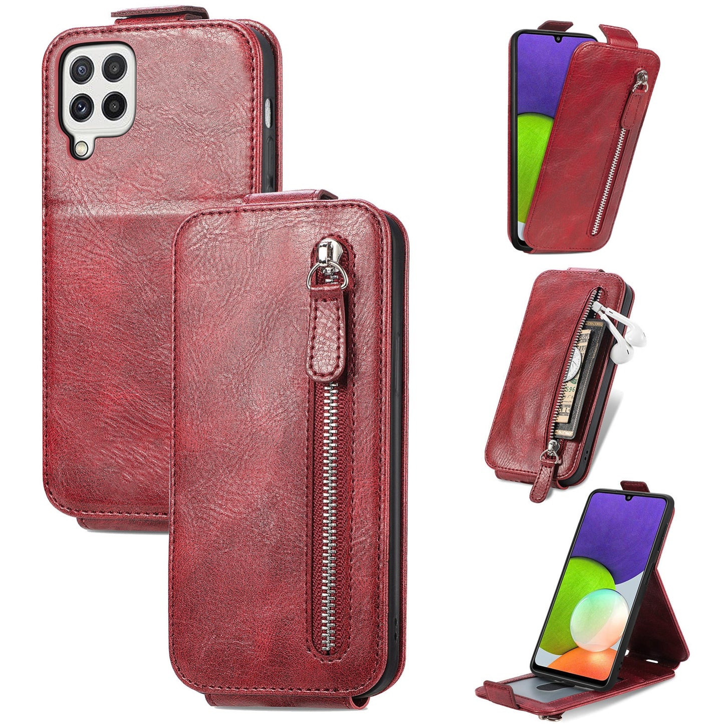 Samsung Galaxy A22 4G Zipper Wallet Case - Vertical Flip Leather Phone Cover with Multiple Card Slots and Stand
