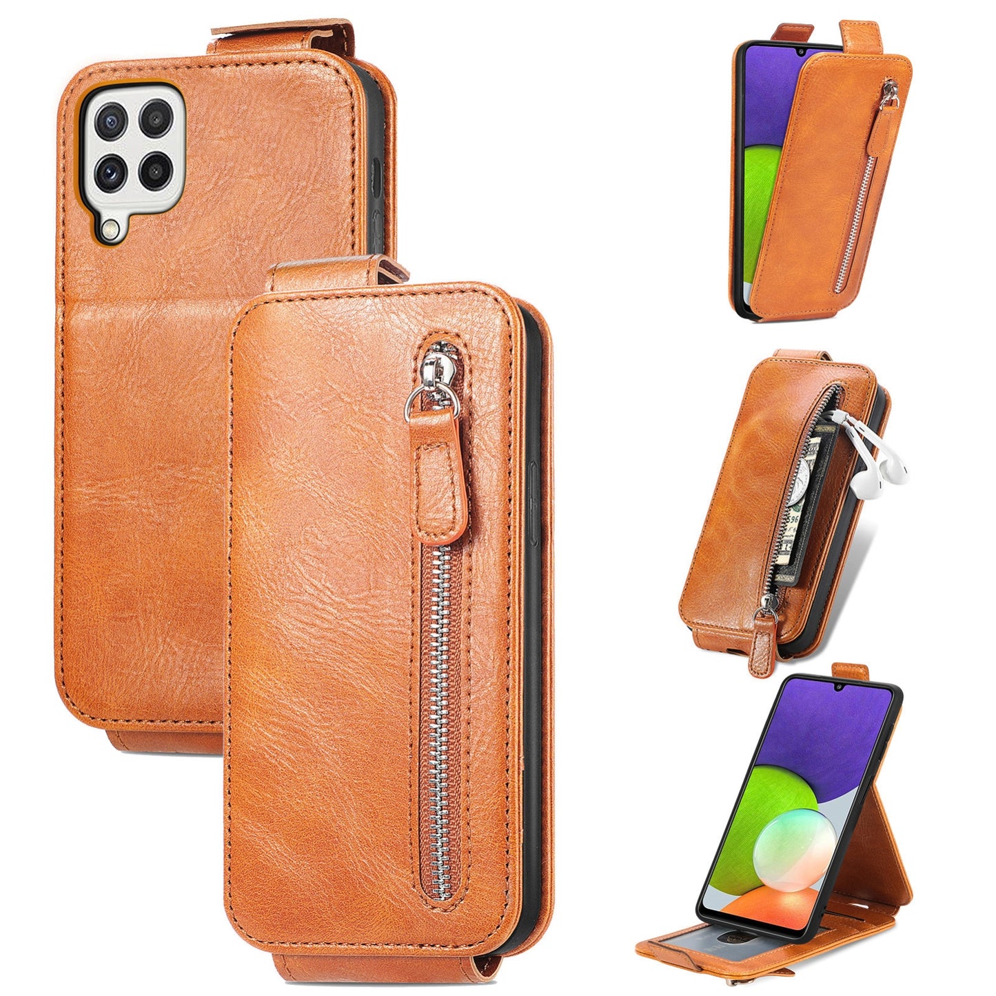 Samsung Galaxy A22 4G Zipper Wallet Case - Vertical Flip Leather Phone Cover with Multiple Card Slots and Stand