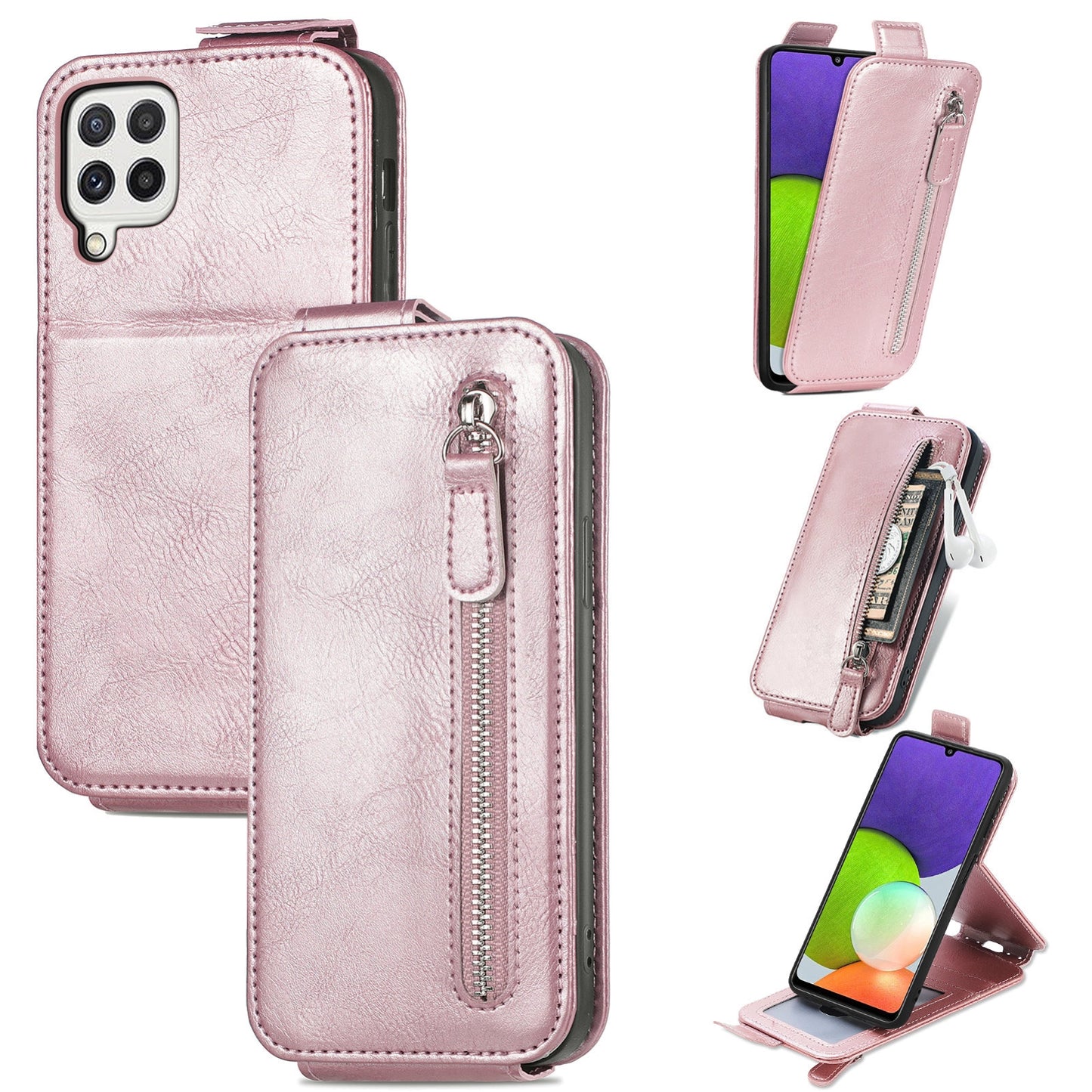 Samsung Galaxy A22 4G Zipper Wallet Case - Vertical Flip Leather Phone Cover with Multiple Card Slots and Stand