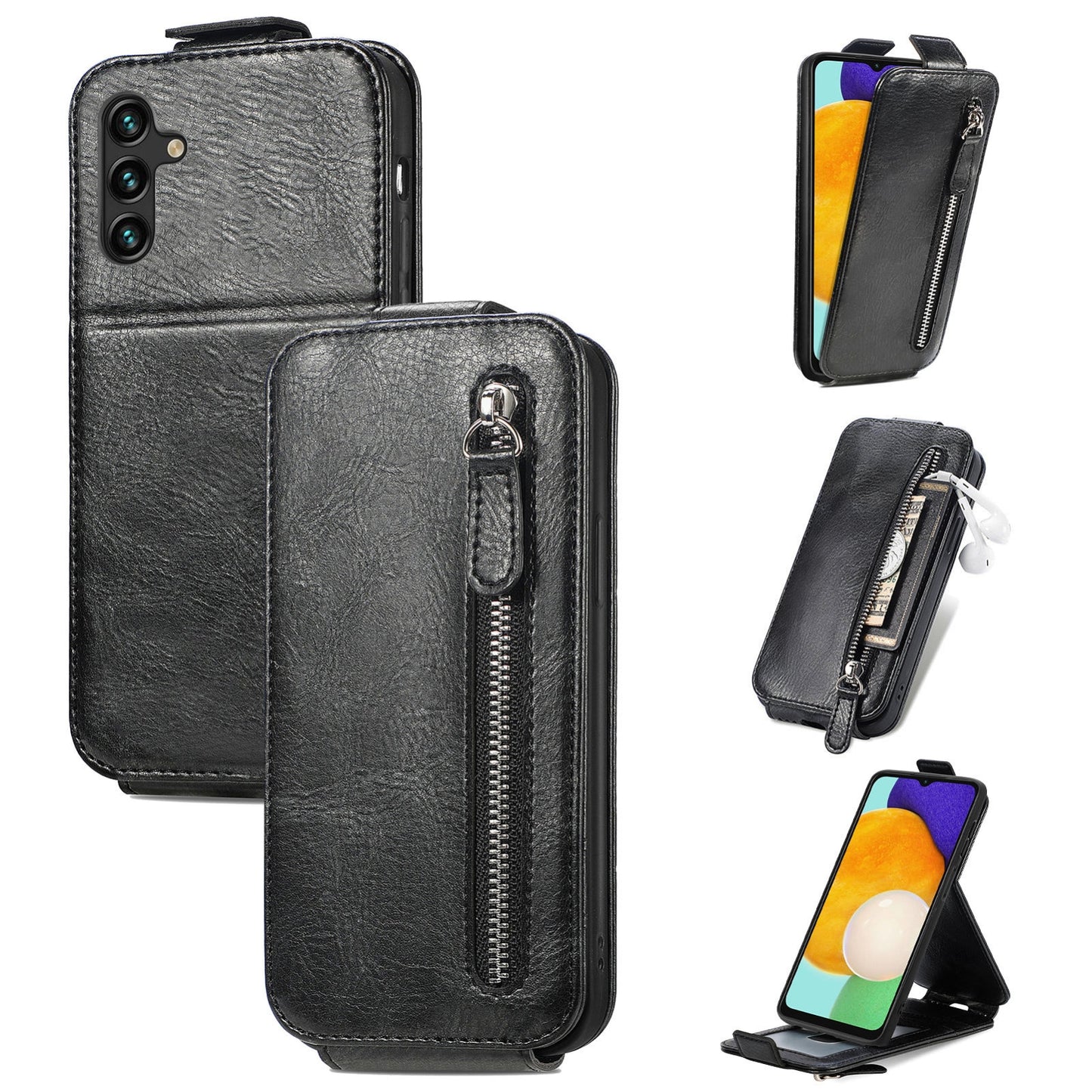Samsung Galaxy A13 5G Zipper Wallet Case - Vertical Flip Leather Phone Cover with Multiple Card Slots and Stand