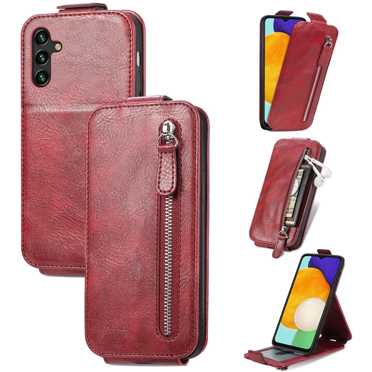 Samsung Galaxy A13 5G Zipper Wallet Case - Vertical Flip Leather Phone Cover with Multiple Card Slots and Stand