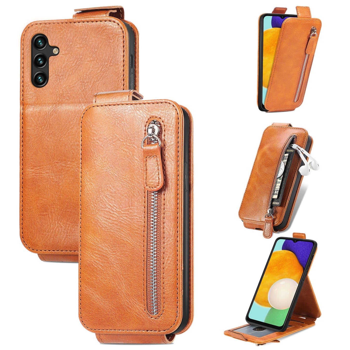 Samsung Galaxy A13 5G Zipper Wallet Case - Vertical Flip Leather Phone Cover with Multiple Card Slots and Stand
