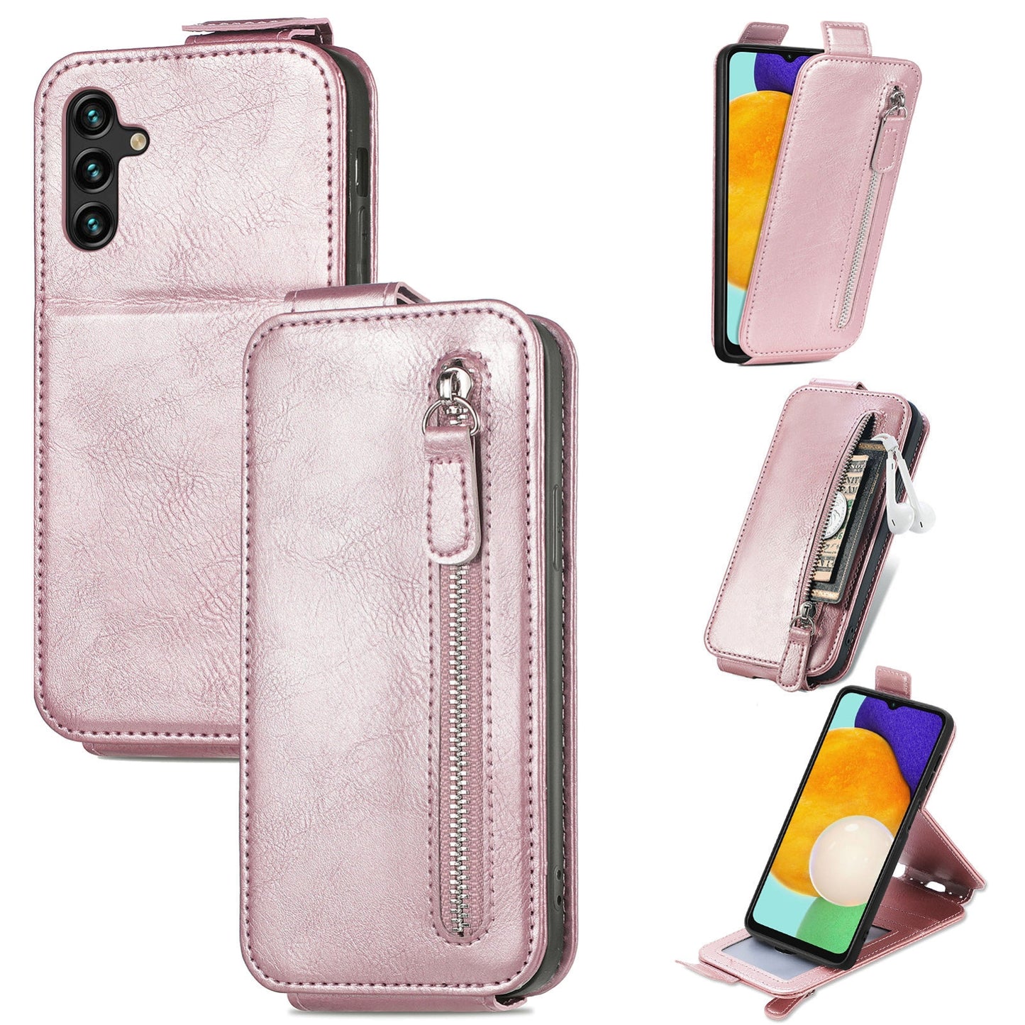 Samsung Galaxy A13 5G Zipper Wallet Case - Vertical Flip Leather Phone Cover with Multiple Card Slots and Stand