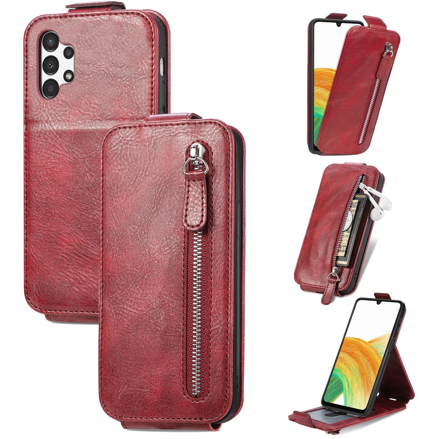Samsung Galaxy A13 4G Zipper Wallet Case - Vertical Flip Leather Phone Cover with Multiple Card Slots and Stand