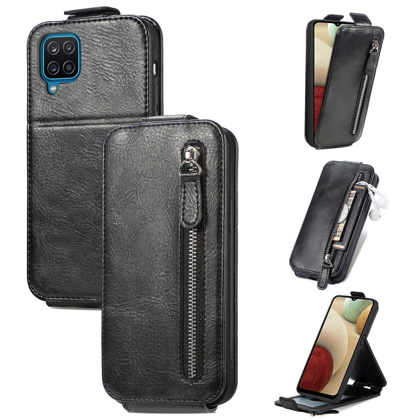 Samsung Galaxy A12 Zipper Wallet Case - Vertical Flip Leather Phone Cover with Multiple Card Slots and Stand