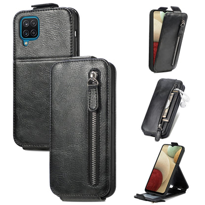 Samsung Galaxy A12 Zipper Wallet Case - Vertical Flip Leather Phone Cover with Multiple Card Slots and Stand