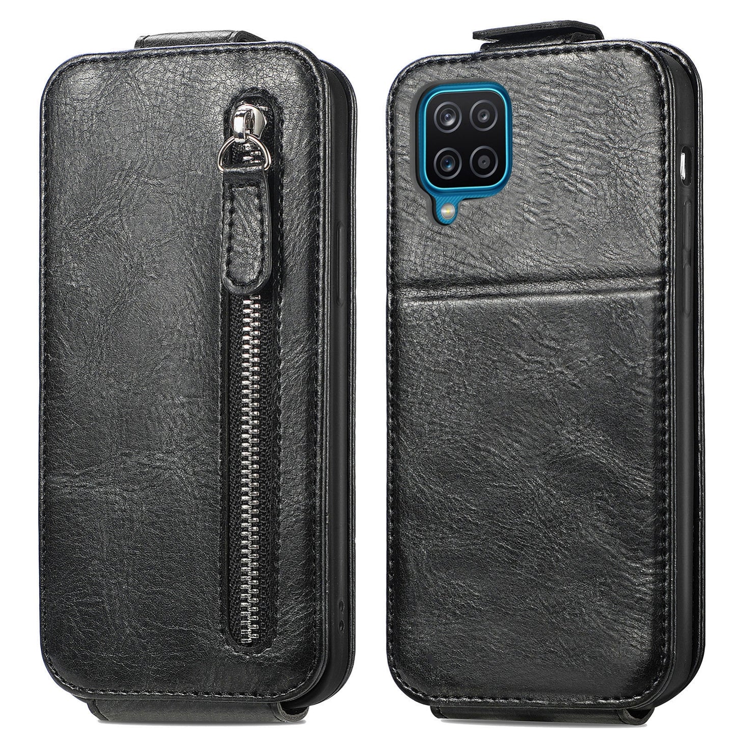 Samsung Galaxy A12 Zipper Wallet Case - Vertical Flip Leather Phone Cover with Multiple Card Slots and Stand