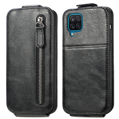 Samsung Galaxy A12 Zipper Wallet Case - Vertical Flip Leather Phone Cover with Multiple Card Slots and Stand