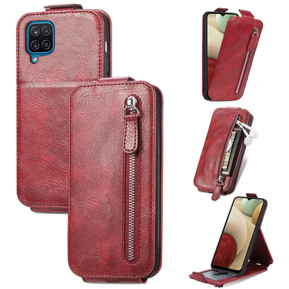 Samsung Galaxy A12 Zipper Wallet Case - Vertical Flip Leather Phone Cover with Multiple Card Slots and Stand