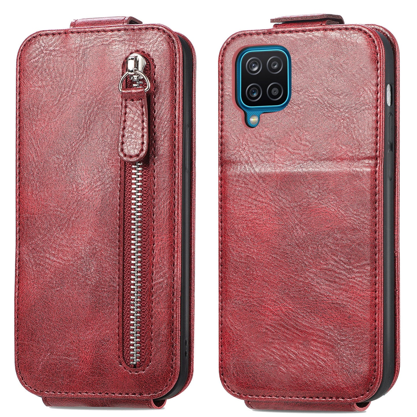 Samsung Galaxy A12 Zipper Wallet Case - Vertical Flip Leather Phone Cover with Multiple Card Slots and Stand