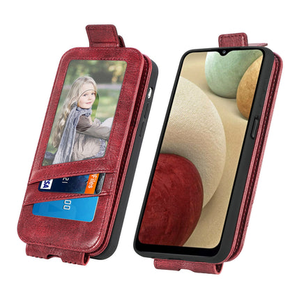 Samsung Galaxy A12 Zipper Wallet Case - Vertical Flip Leather Phone Cover with Multiple Card Slots and Stand