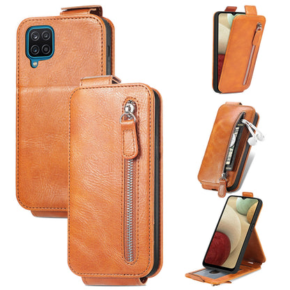 Samsung Galaxy A12 Zipper Wallet Case - Vertical Flip Leather Phone Cover with Multiple Card Slots and Stand