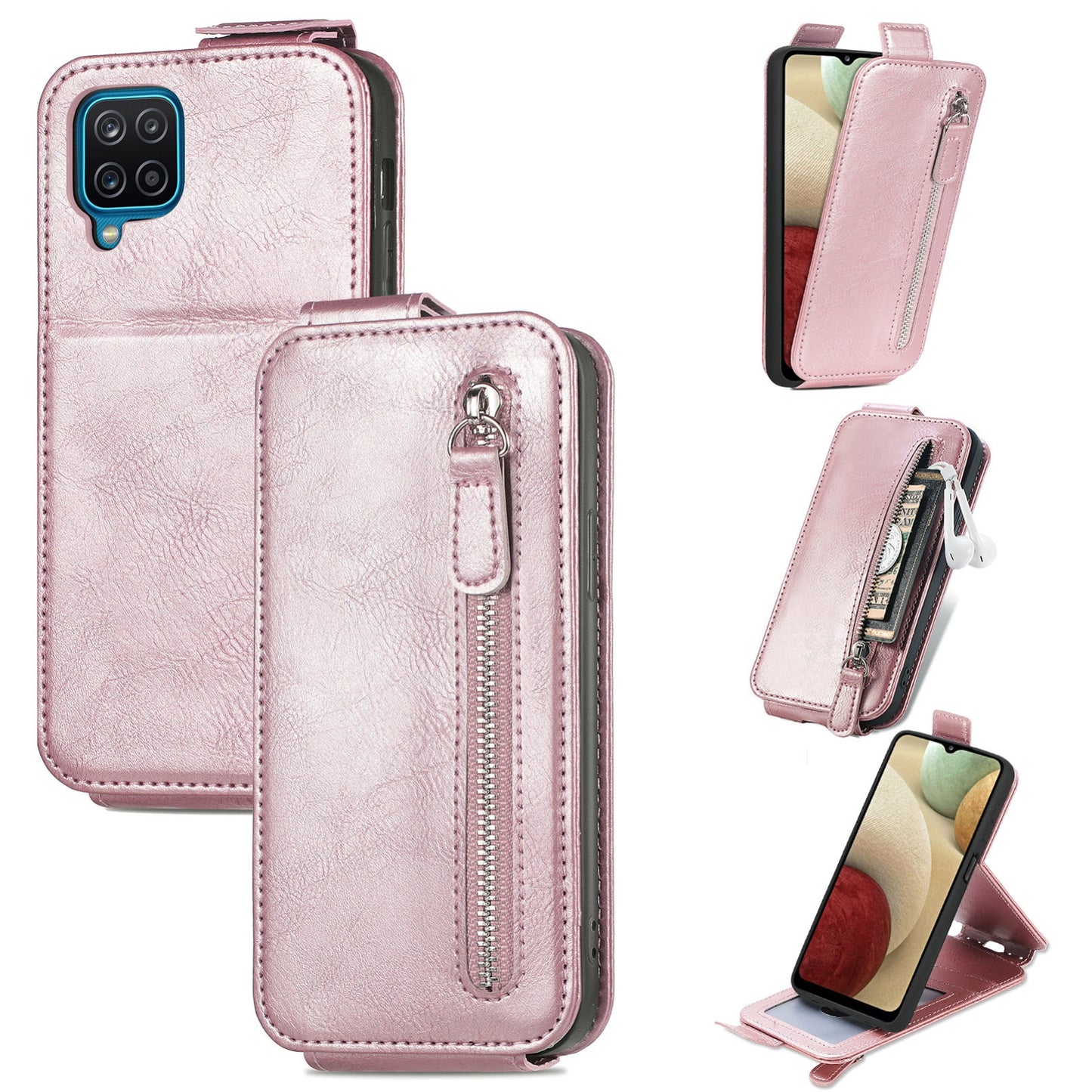 Samsung Galaxy A12 Zipper Wallet Case - Vertical Flip Leather Phone Cover with Multiple Card Slots and Stand