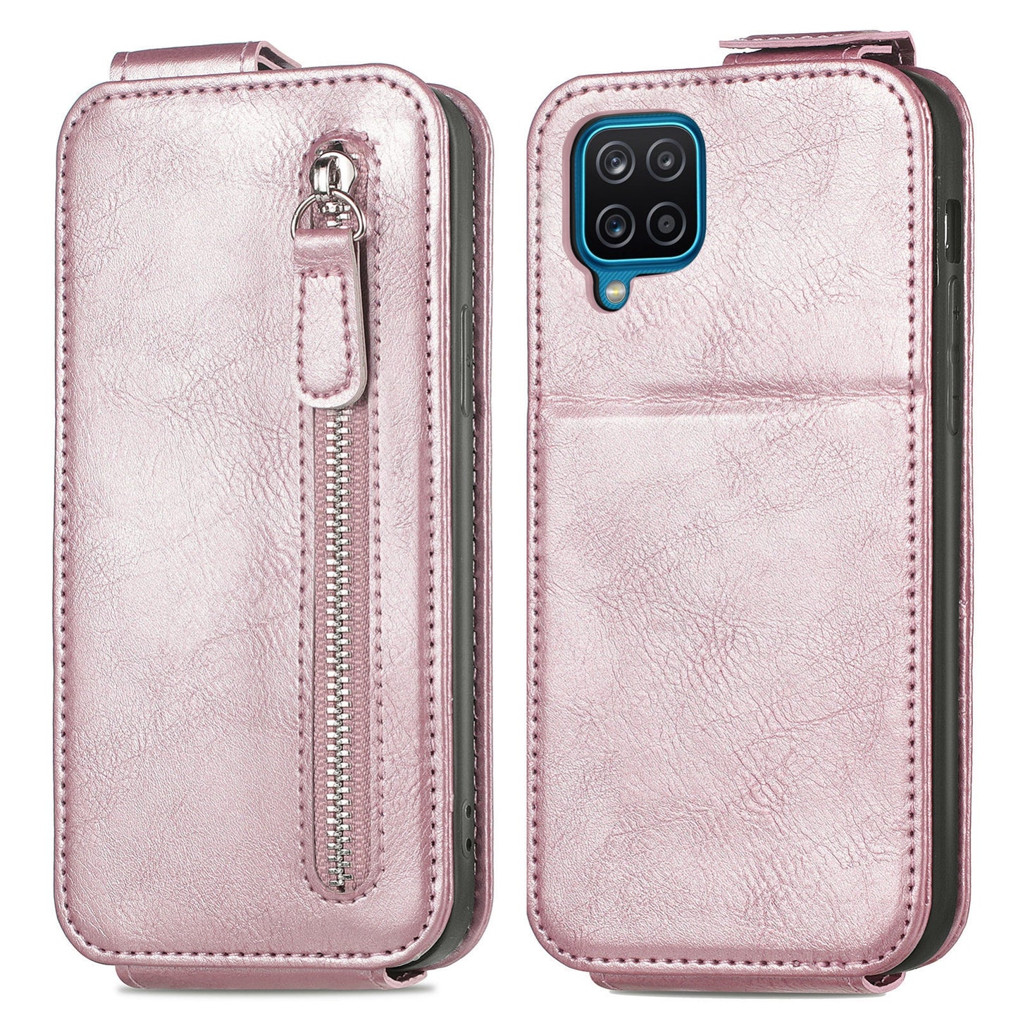 Samsung Galaxy A12 Zipper Wallet Case - Vertical Flip Leather Phone Cover with Multiple Card Slots and Stand