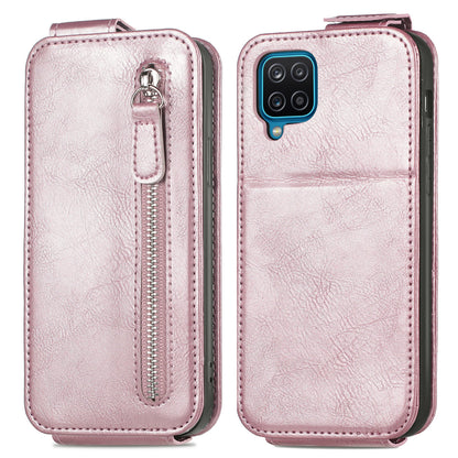 Samsung Galaxy A12 Zipper Wallet Case - Vertical Flip Leather Phone Cover with Multiple Card Slots and Stand