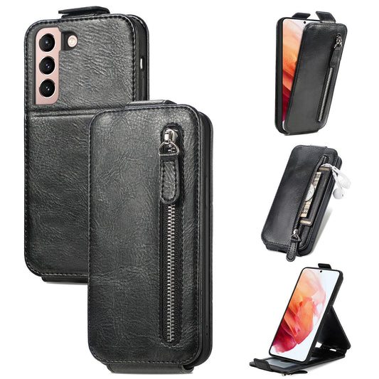 Samsung Galaxy S21 Plus 5G Zipper Wallet Case - Vertical Flip Leather Phone Cover with Multiple Card Slots and Stand