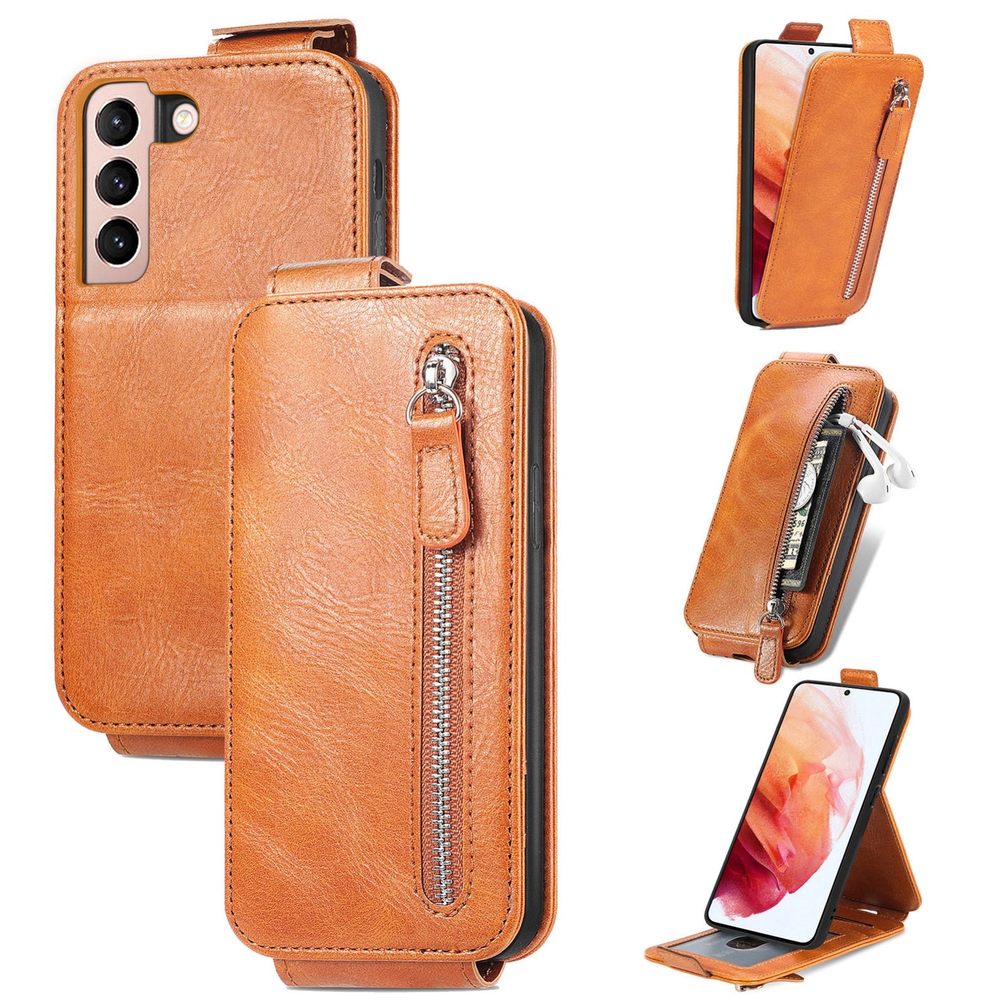 Samsung Galaxy S21 Plus 5G Zipper Wallet Case - Vertical Flip Leather Phone Cover with Multiple Card Slots and Stand