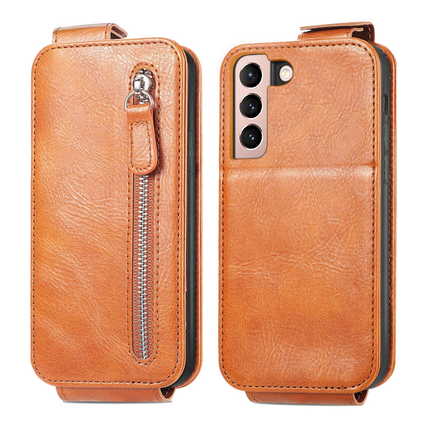 Samsung Galaxy S21 Plus 5G Zipper Wallet Case - Vertical Flip Leather Phone Cover with Multiple Card Slots and Stand