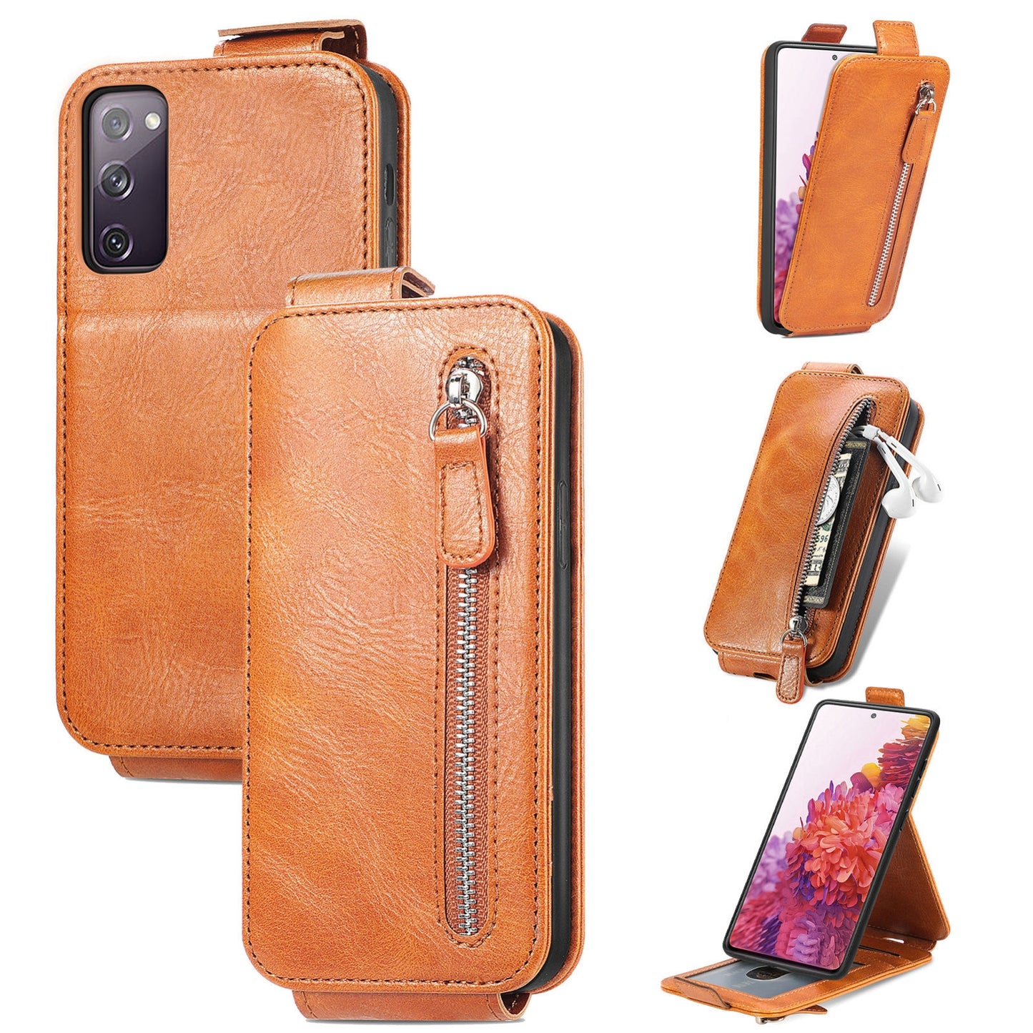 Samsung Galaxy S20 FE 2022 Zipper Wallet Case - Vertical Flip Leather Phone Cover with Multiple Card Slots and Stand