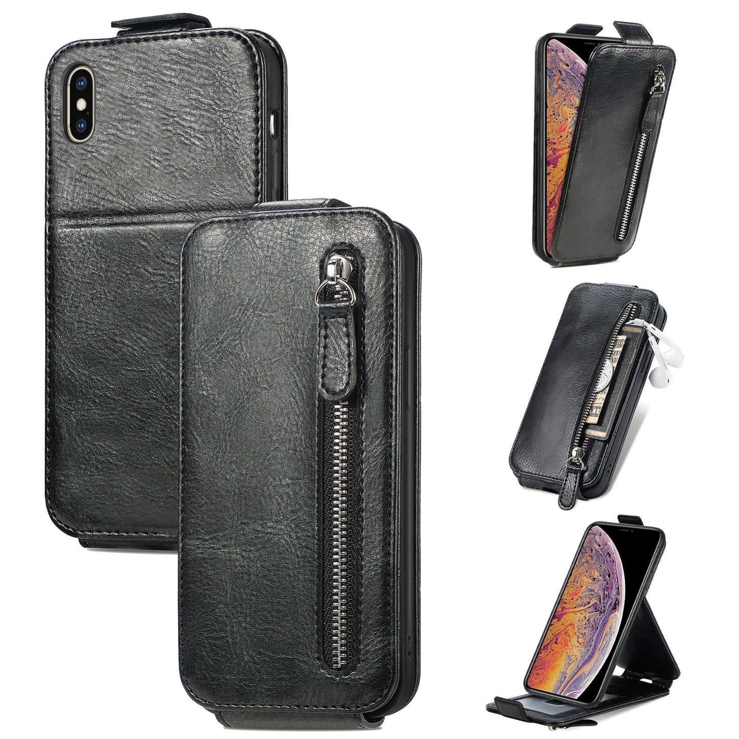 iPhone XS Max Zipper Wallet Case - Vertical Flip Leather Phone Cover with Multiple Card Slots and Stand